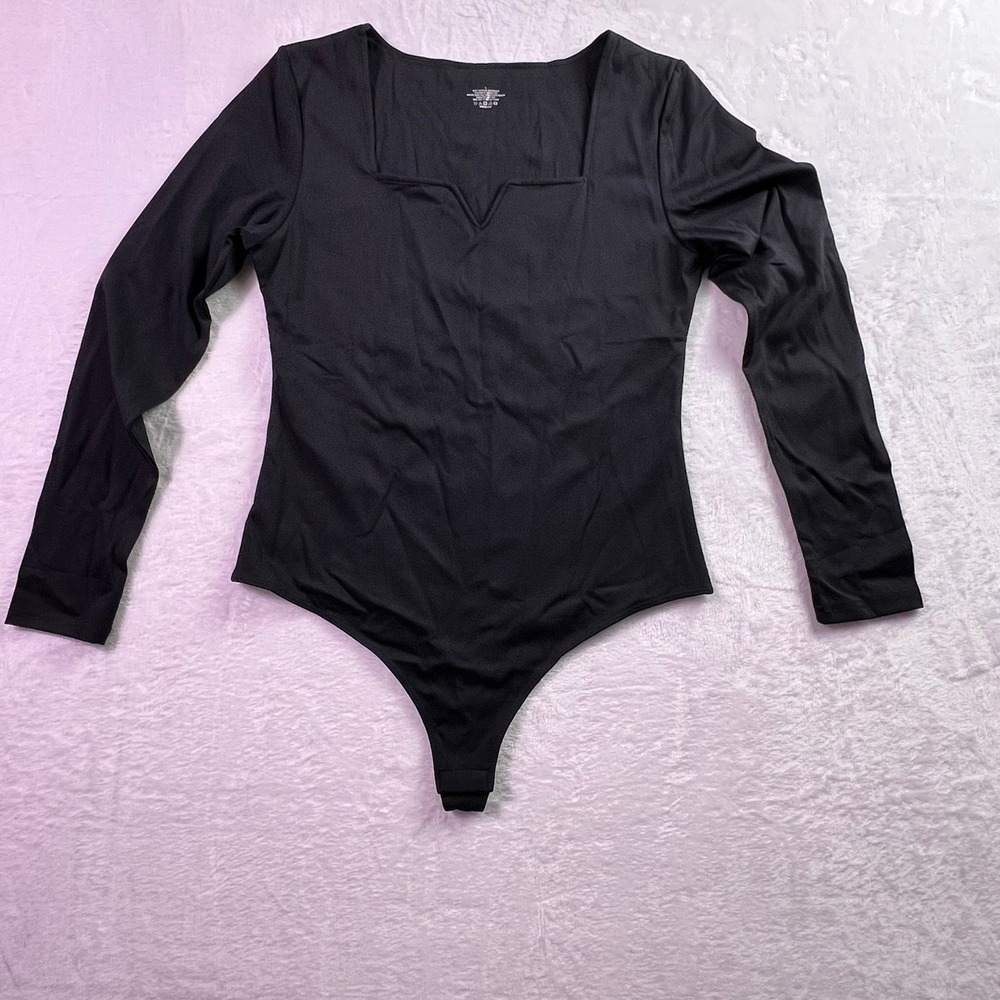 Black Notched Square Neck Long Sleeve Bodysuit Large Slim Fit Stretch Thong Back
